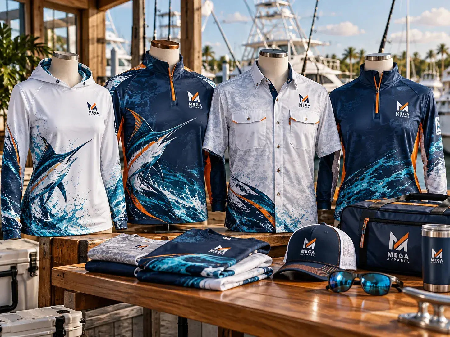 Coordinated custom fishing apparel displayed on mannequins at a marina, featuring matching tournament jerseys, charter shirts, performance tops, caps, and accessories with Mega Apparel branding for fishing teams and crew programmes.